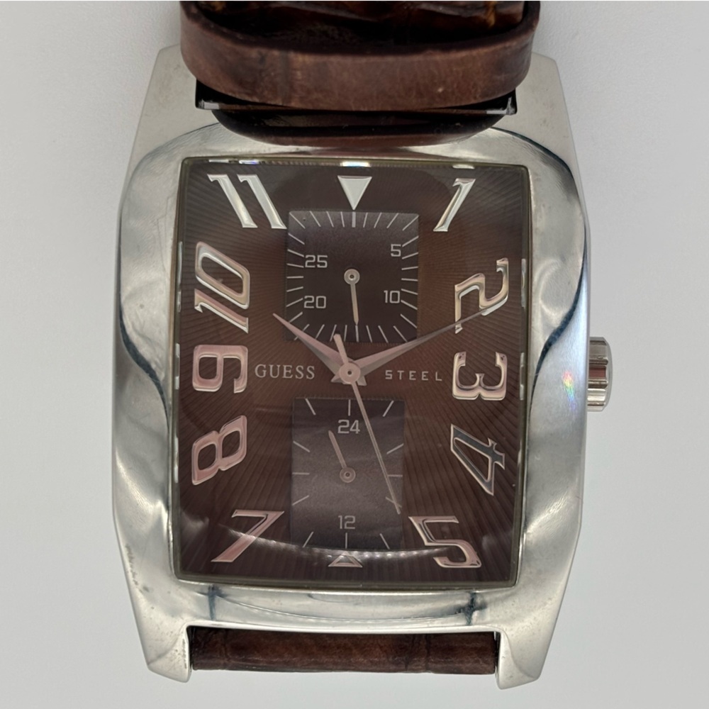 Guess Steel Casing w/Brown Leather Band Analog Watch-New Battery.